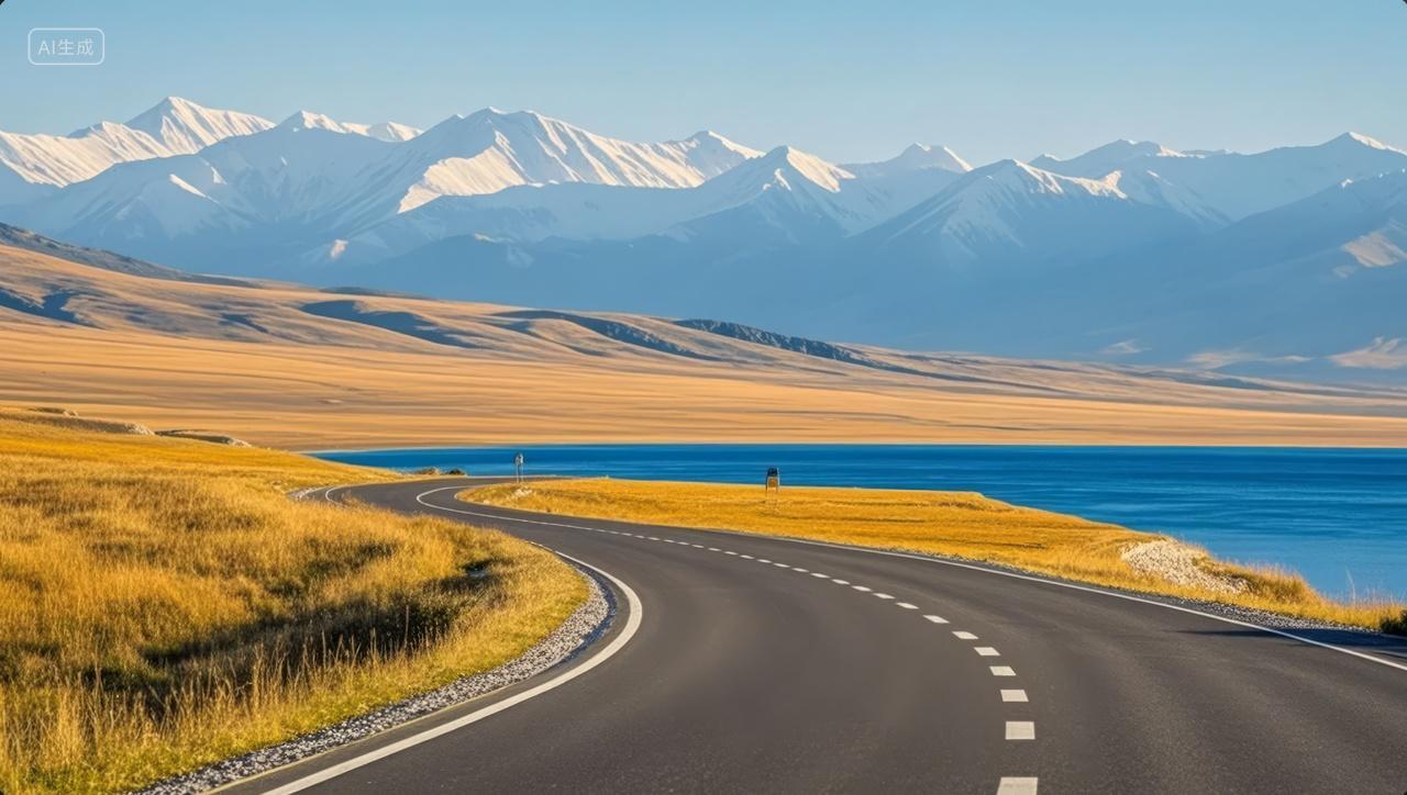 新疆公路湖泊草原雪山自驾游旅游背景