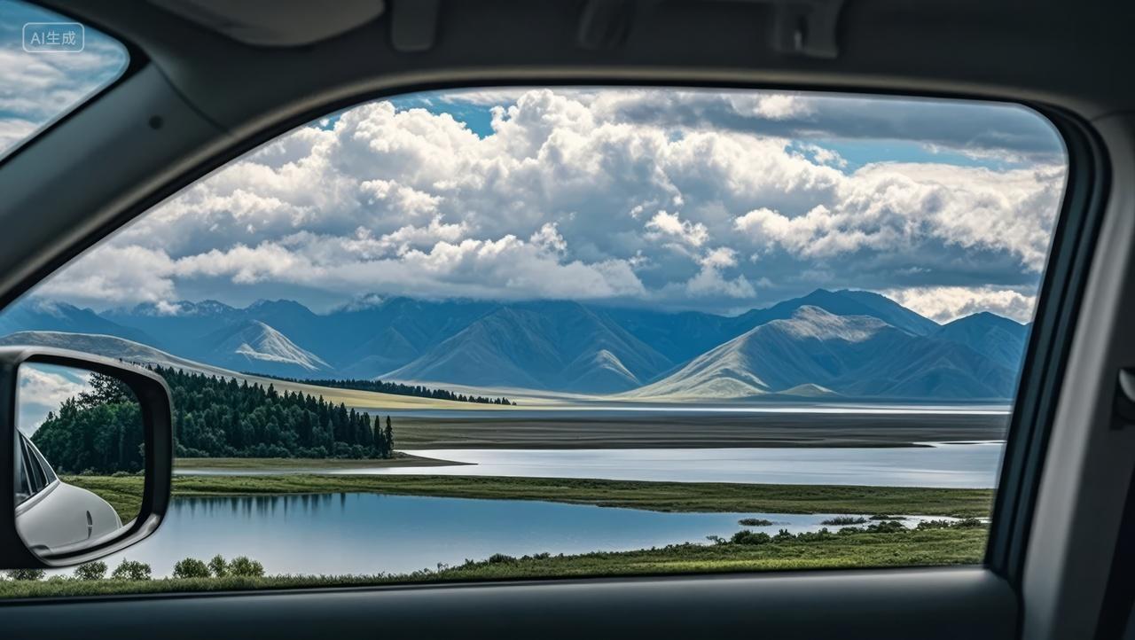 汽车窗外雪山湖泊自驾游旅行风光背景
