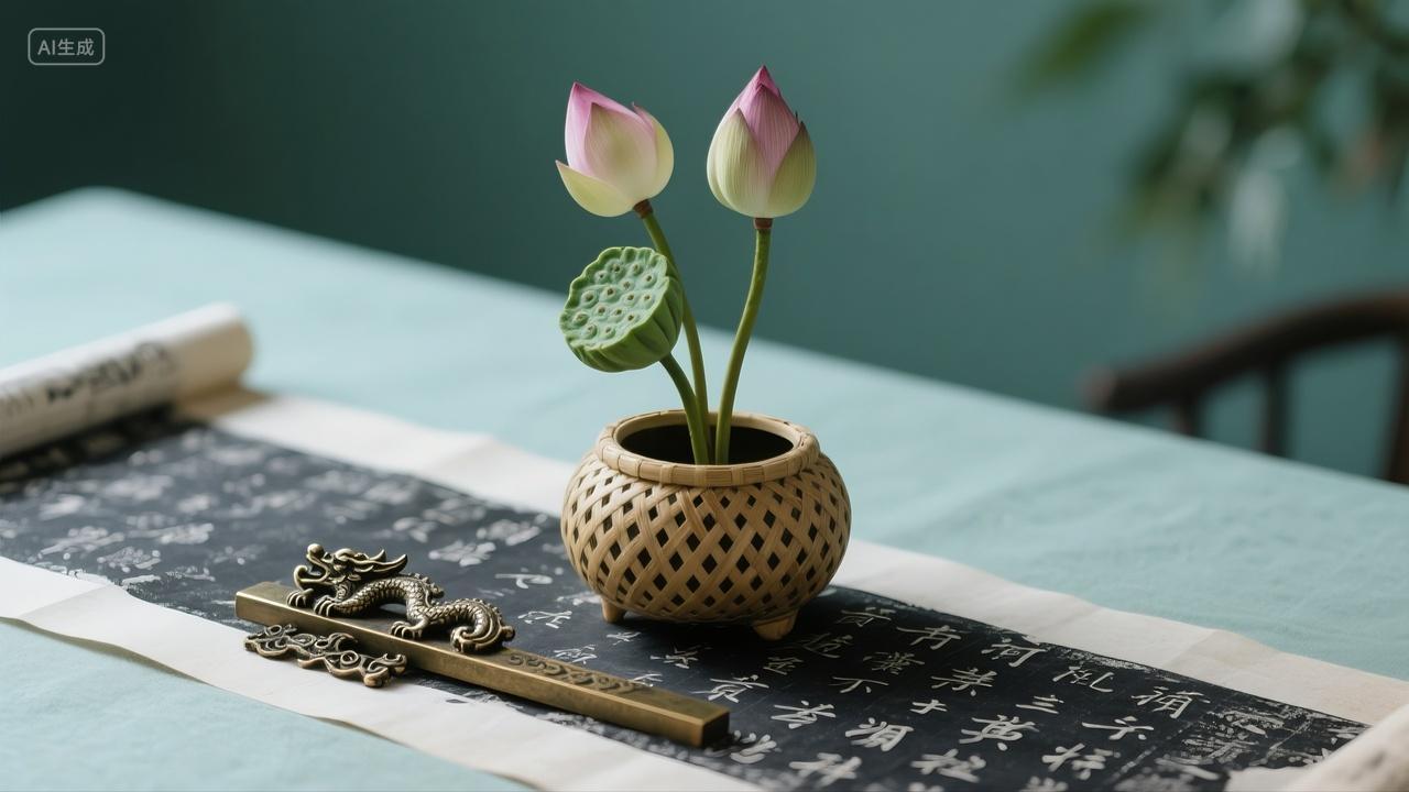 并蒂莲在一个竹篓里面下面是书法