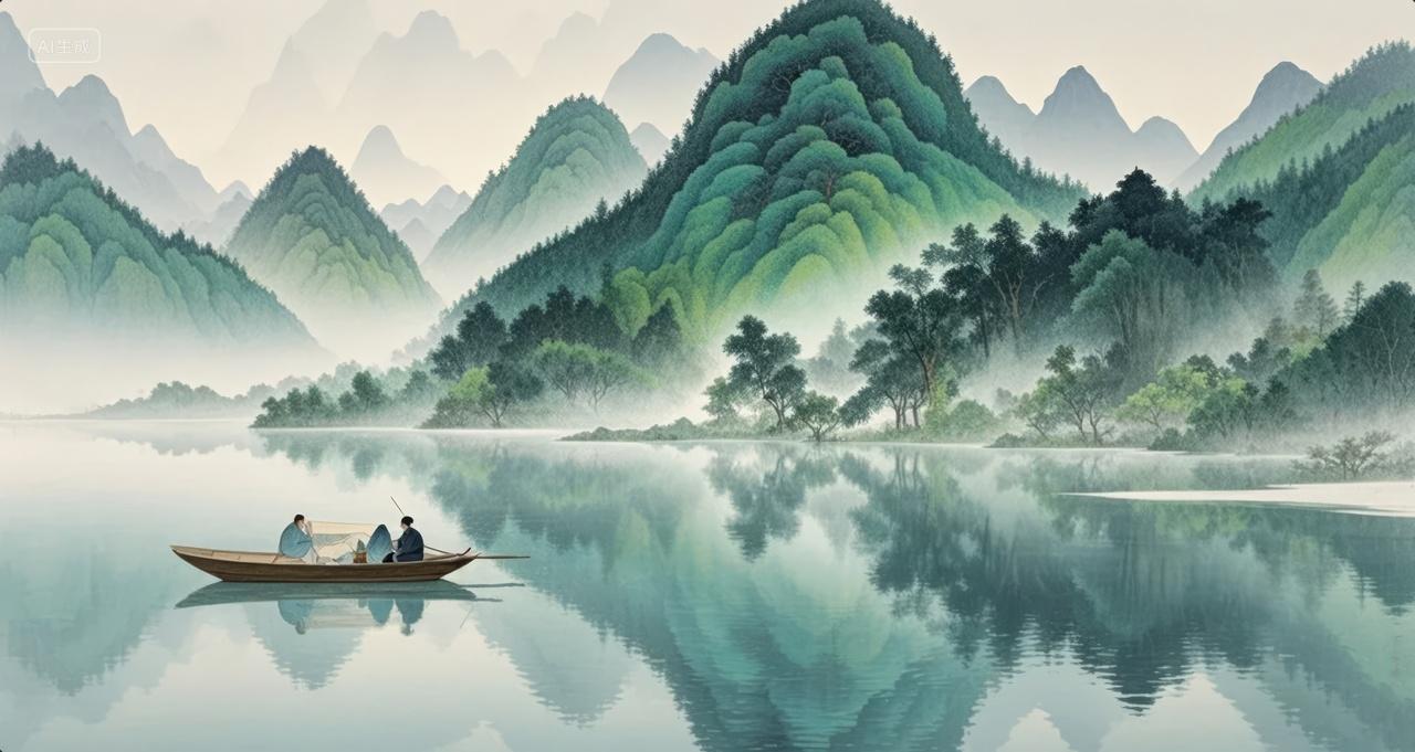 处暑节气山水画小船渔夫风意境背景