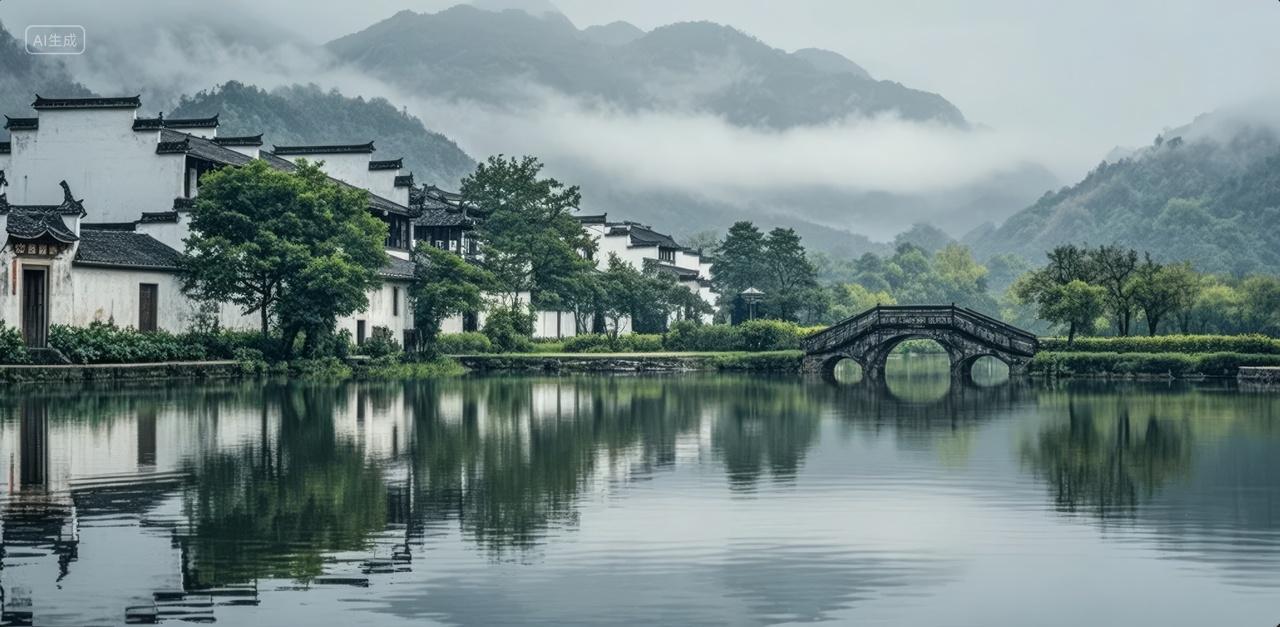 徽派建筑水乡古镇拱桥倒影风旅游背景