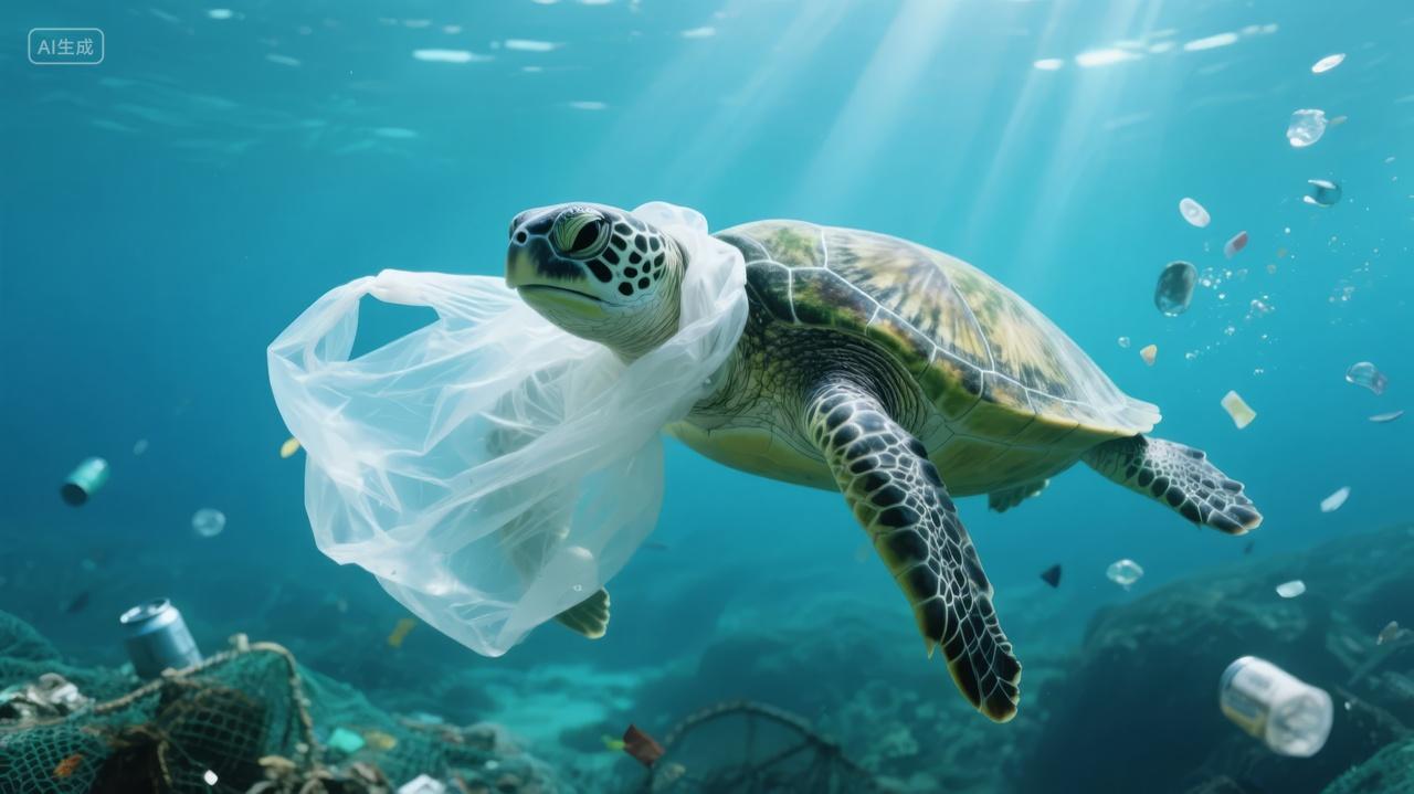 世界海洋日海龟被困塑料袋环保公益背景