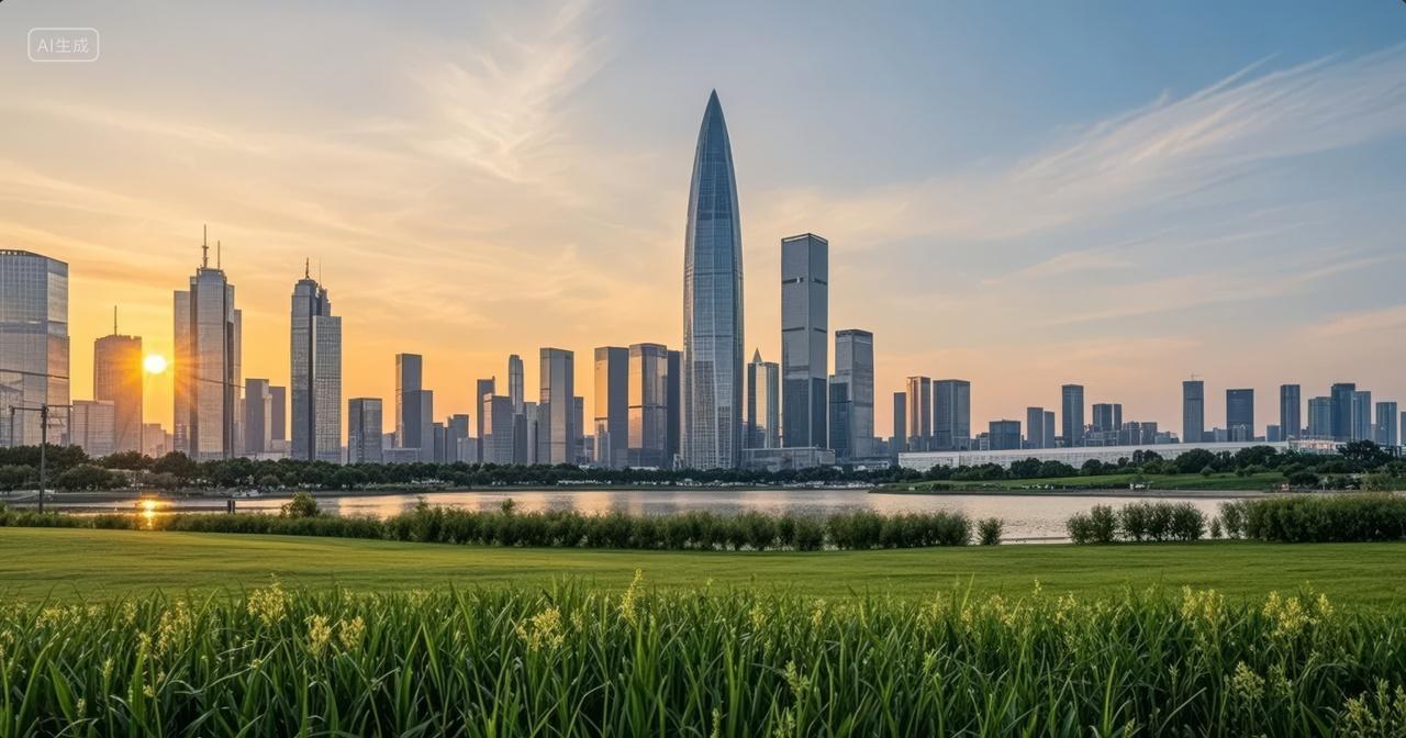 深圳城市天际线日出地标建筑群商务背景