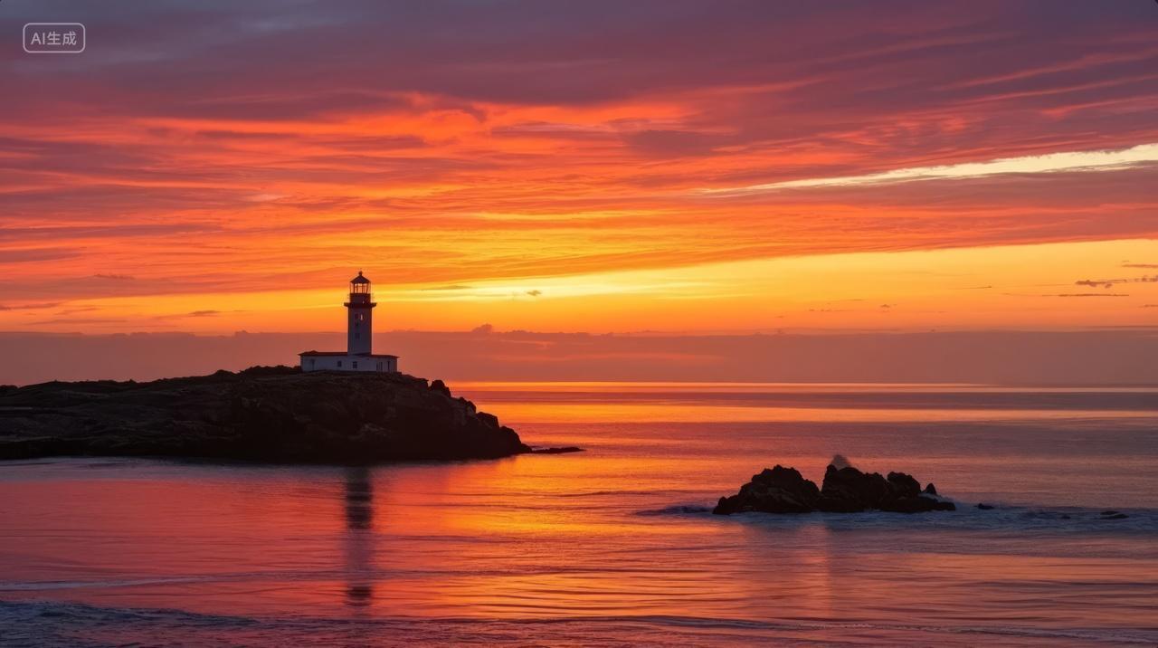 海边灯塔日落黄昏宁静治愈风景壁纸背景
