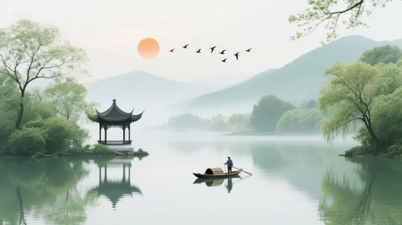 夏至节气江南水乡古镇禅意山水旅游背景