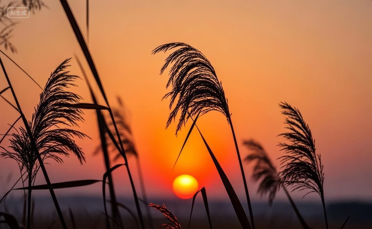 夏至节气芦苇荡日落唯美自然风光旅游背景