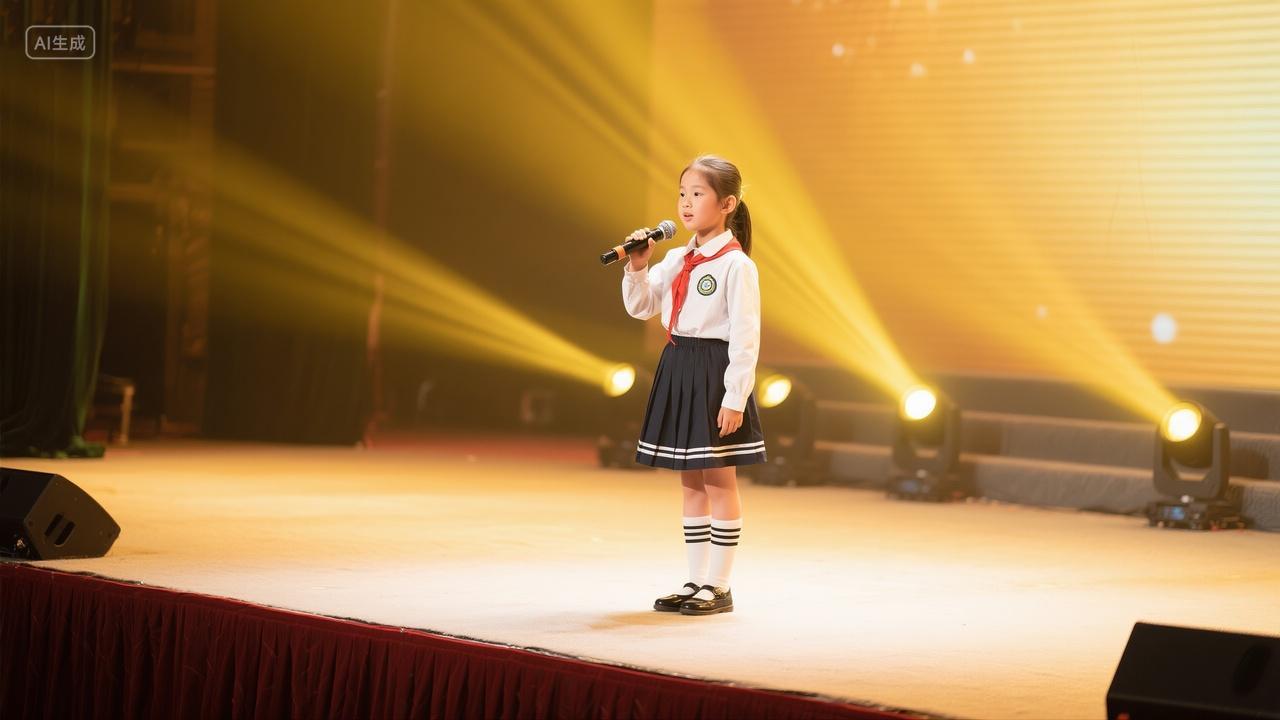 小学生站在舞台上拿着活筒发言表演演讲