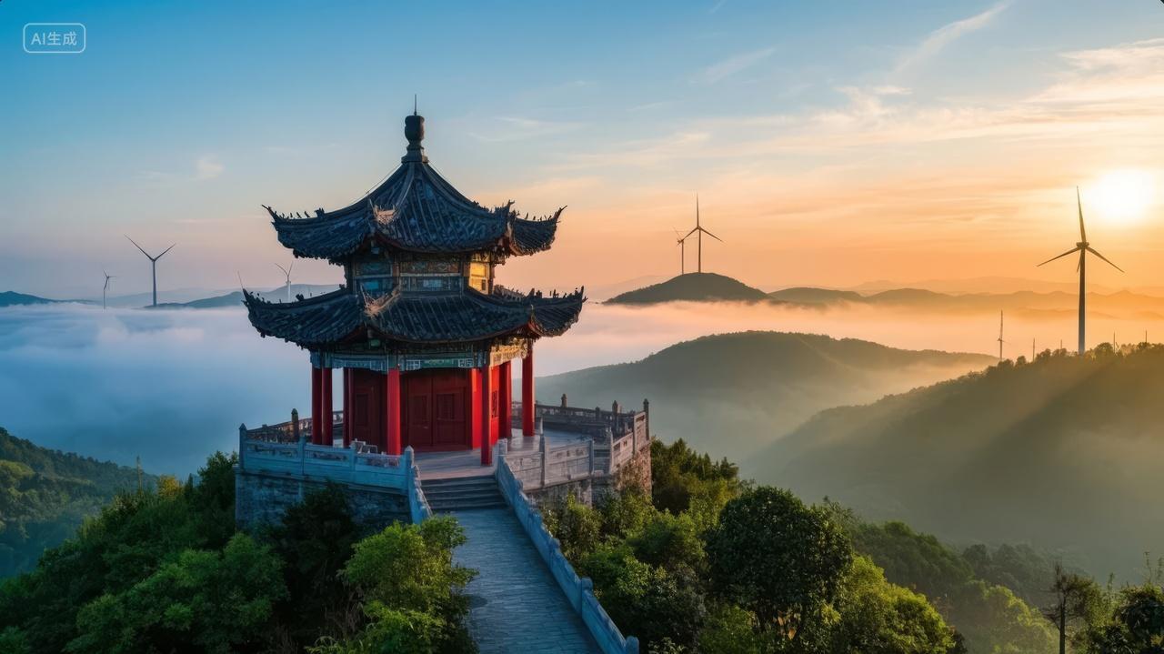 古风建筑楼阁日出云雾山水文化旅游背景图