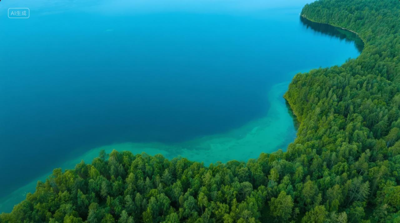 夏至节气航拍湖泊森林海岛清澈自然背景