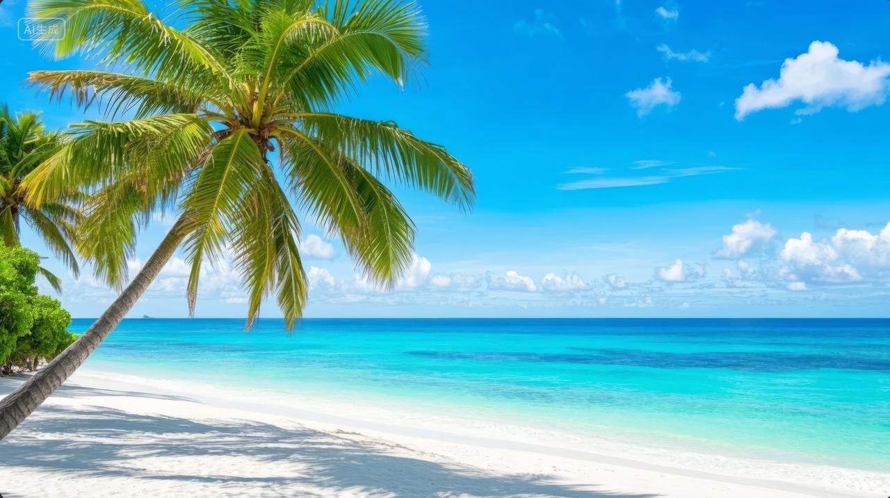 夏至节气热带海滩椰树白沙度假旅游背景图