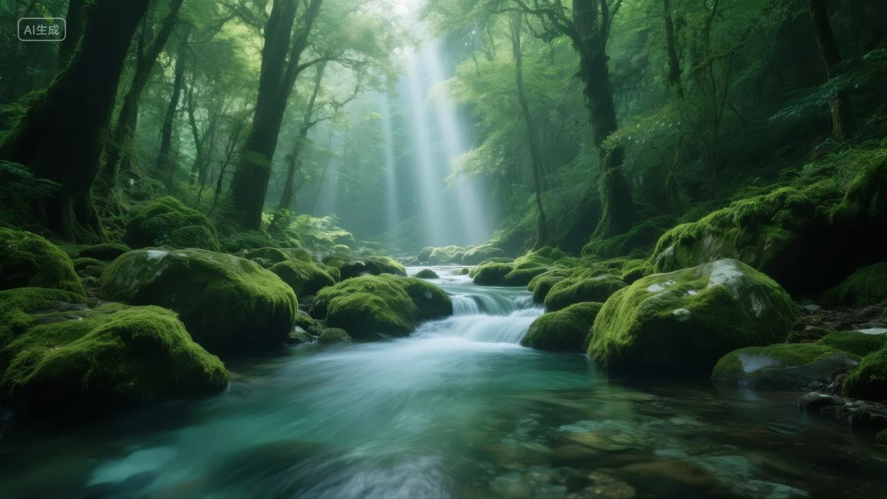 夏至节气森林溪流苔藓阳光治愈自然风光