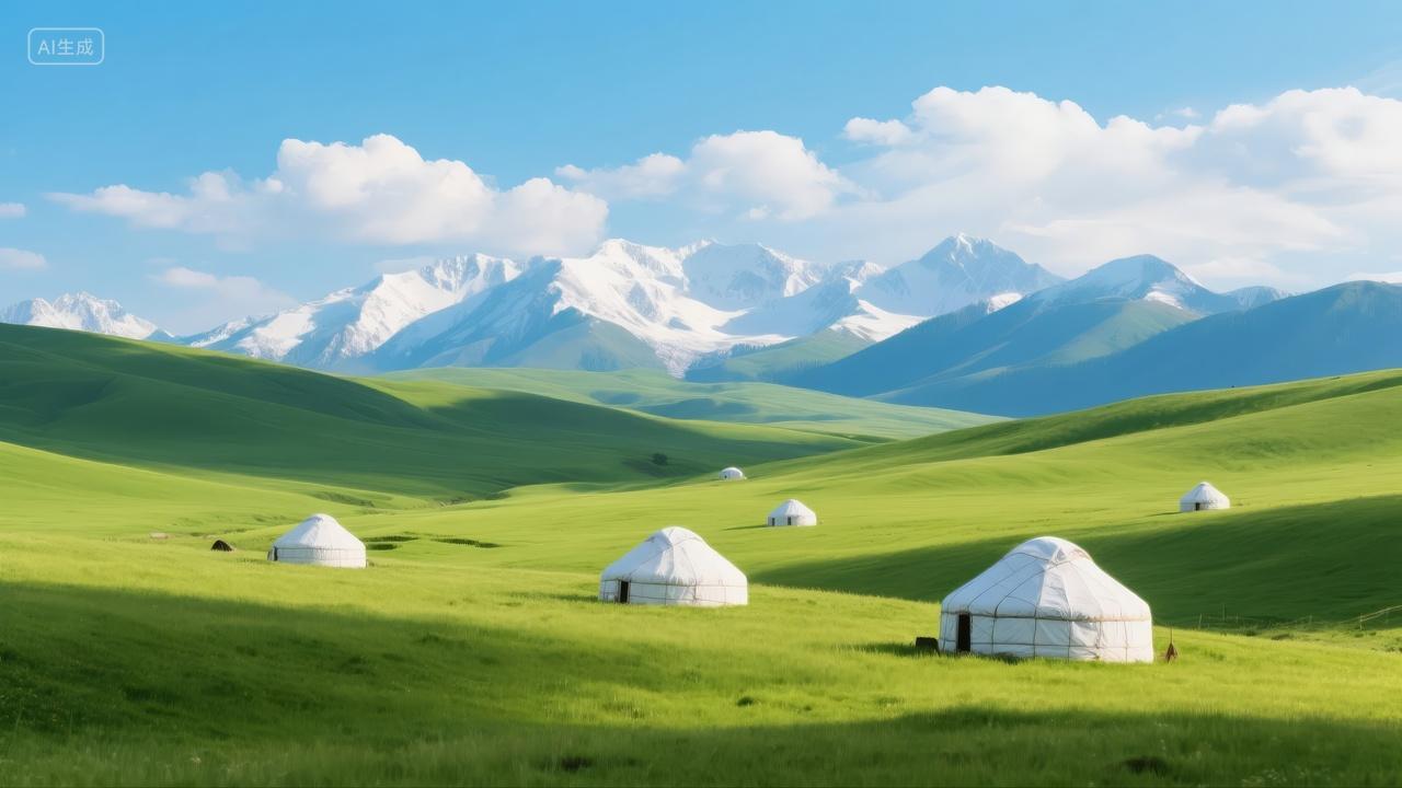 内蒙古草原蒙古包蓝天白云旅游风光背景