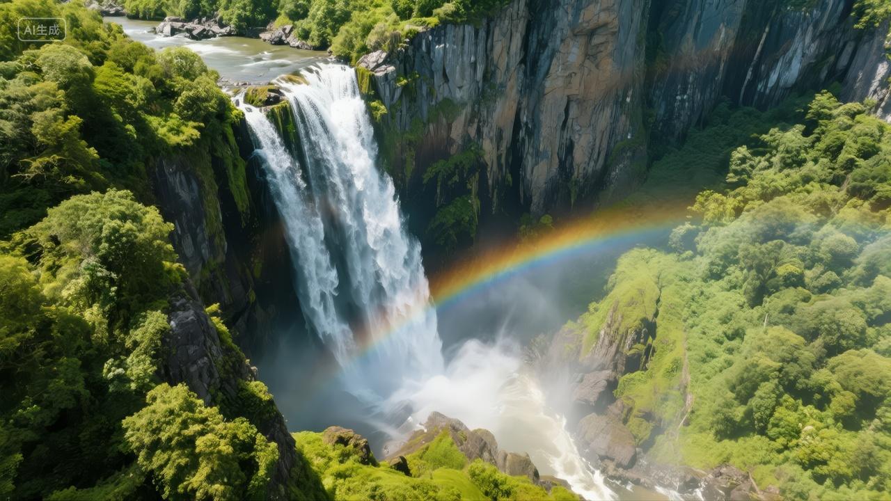 夏季瀑布彩虹森林自然风光旅游景点背景图