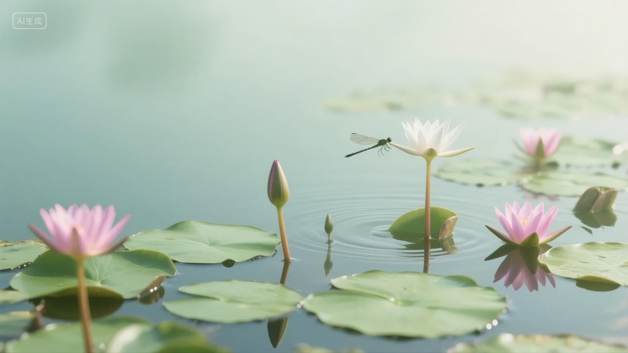 夏至节气池塘荷花莲花睡莲盛开生态背景图