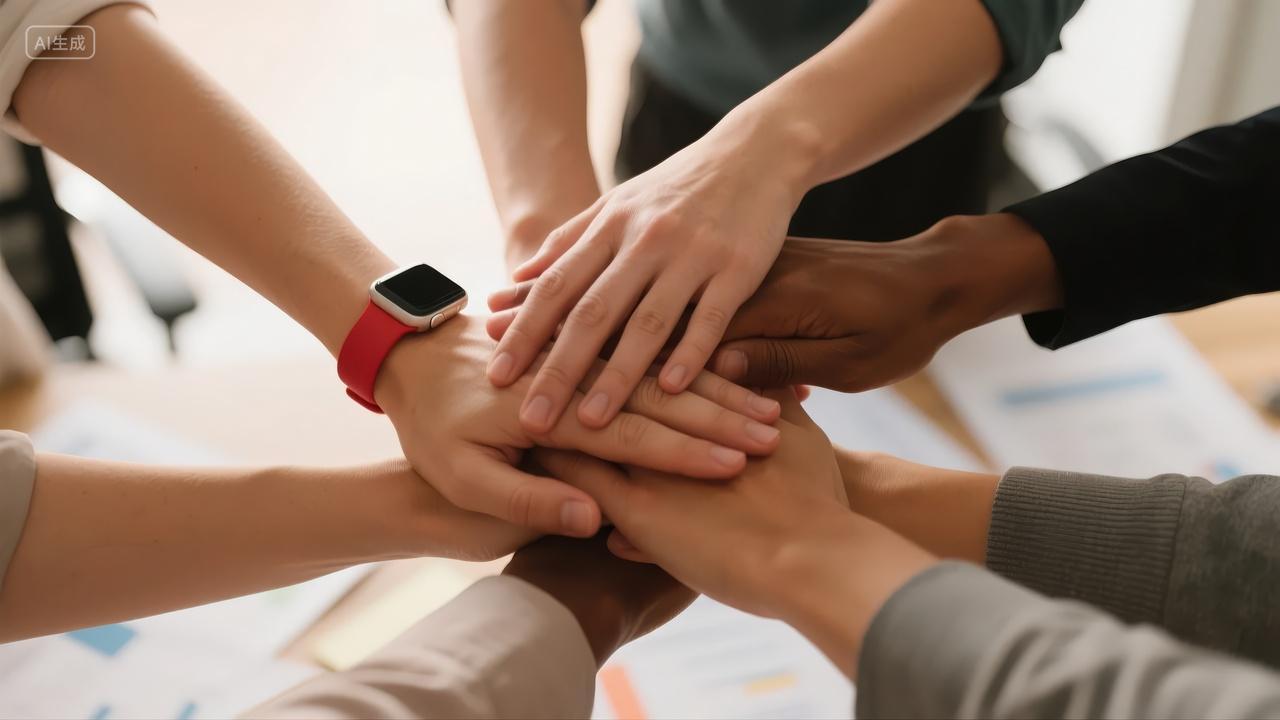 团队合作手叠手力量信任企业文化年会背景图