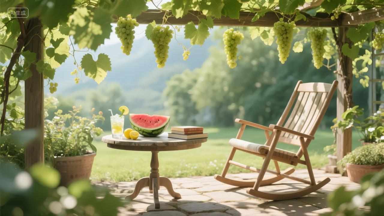 立夏庭院摇椅西瓜水果休闲生活下午茶背景