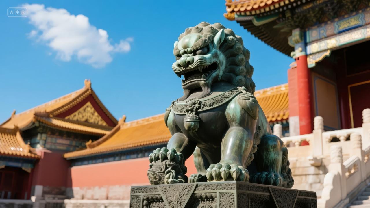 中国风故宫石狮子红墙古建筑旅游文化背景