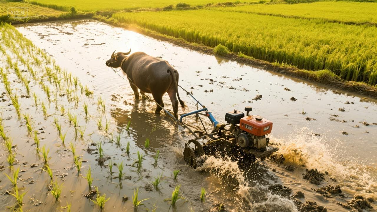 农民耕田机水稻田辛勤劳作芒种节气农业背景