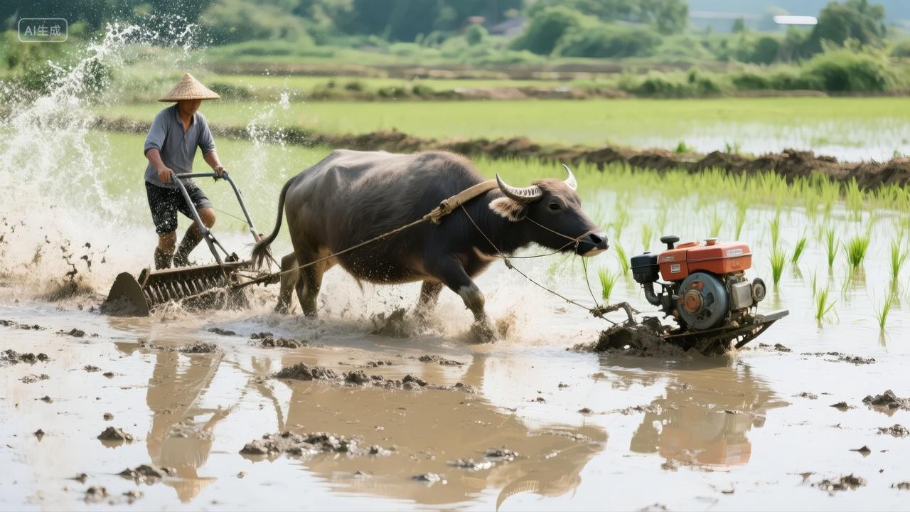芒种节气农民水牛耕田传统农业辛勤劳动背景
