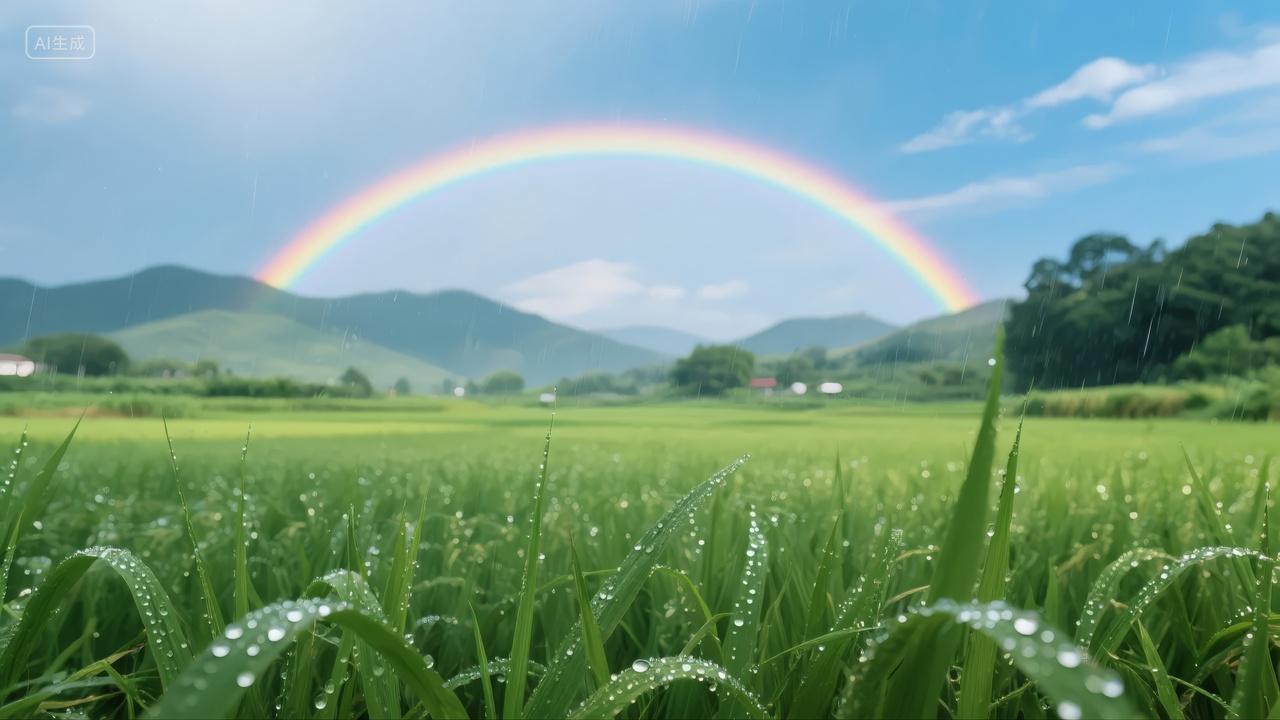 雨后彩虹稻田露珠清新自然风景治愈背景