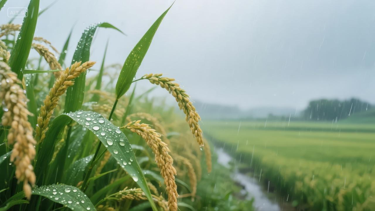 雨水节气稻田水稻露珠农业丰收自然背景
