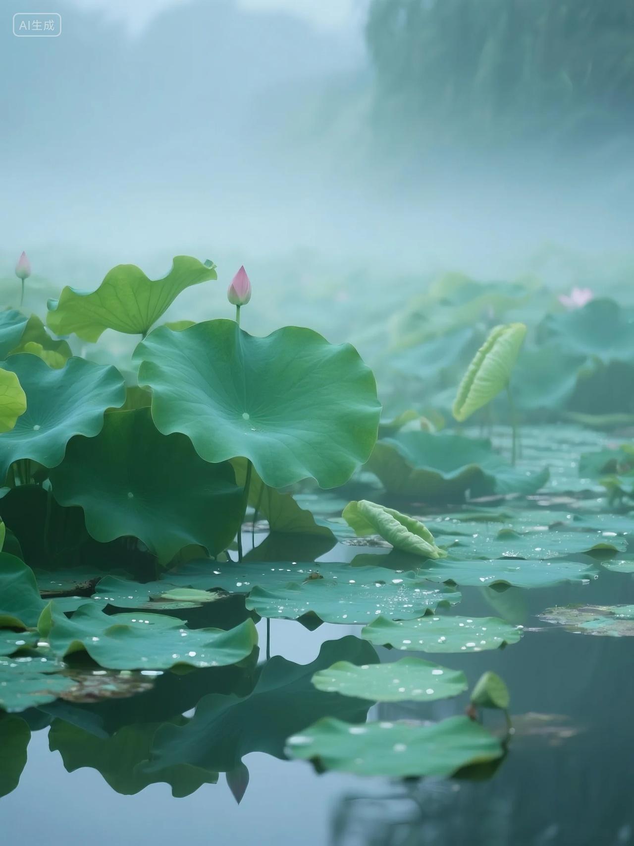 雾气朦胧碧绿荷叶荷花荷塘摄影
