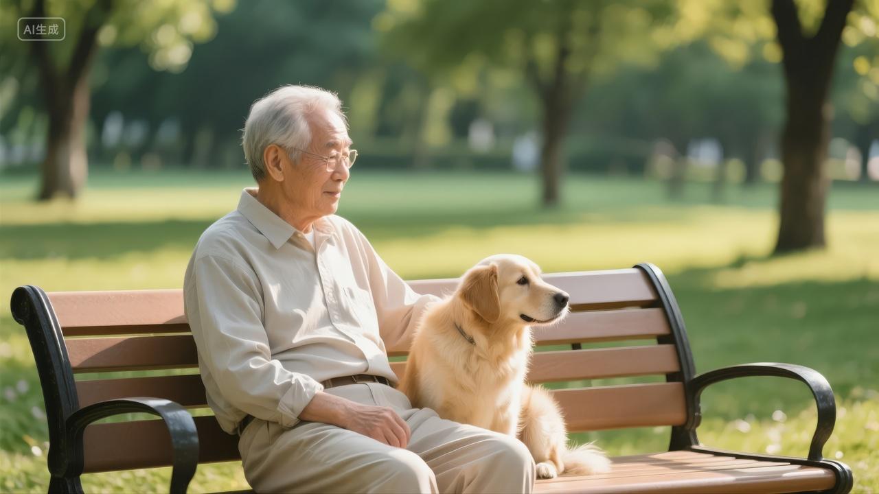 重阳节老人与狗公园长椅陪伴温情生活背景