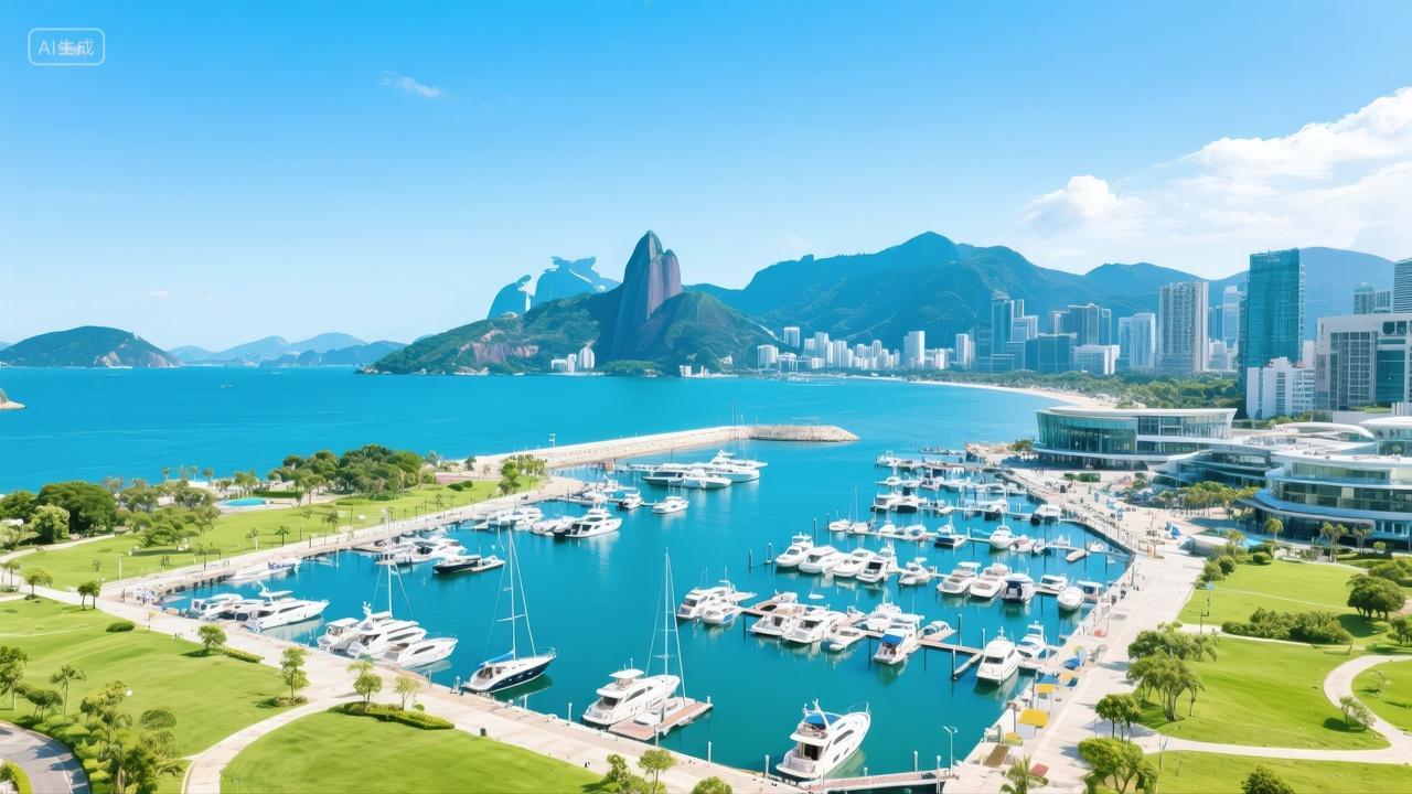 夏季海滨城市游艇码头航拍建筑旅游背景