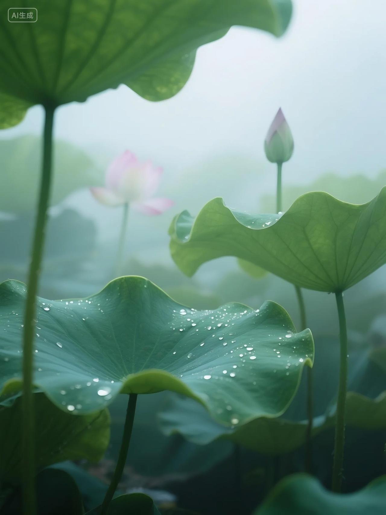 雾气朦胧碧绿荷叶荷花高清摄影