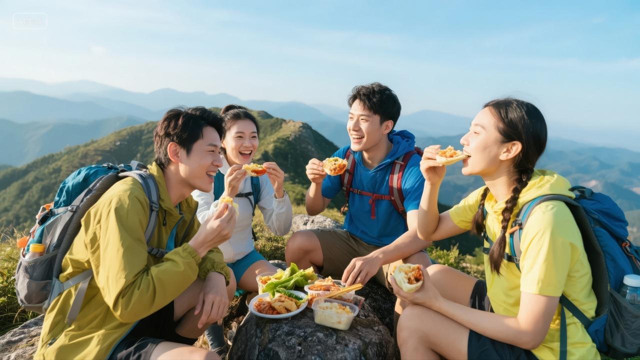 青年节团队登山野餐户外休闲旅游生活背景