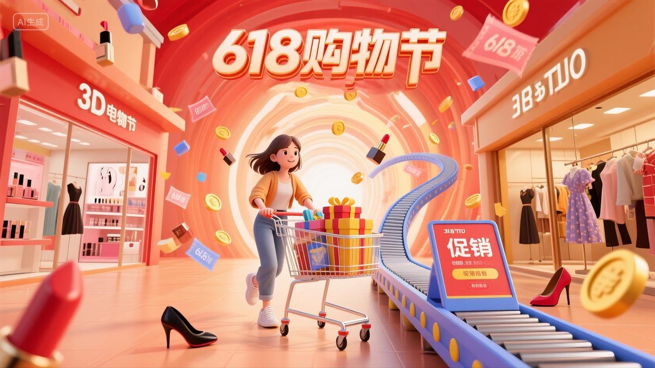 女孩购物节推满购物车3D场景