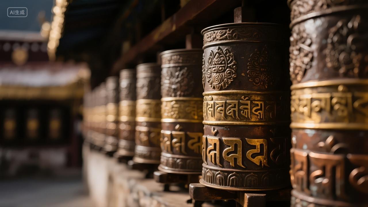 藏传佛教转经筒经轮祈福信仰文化背景图