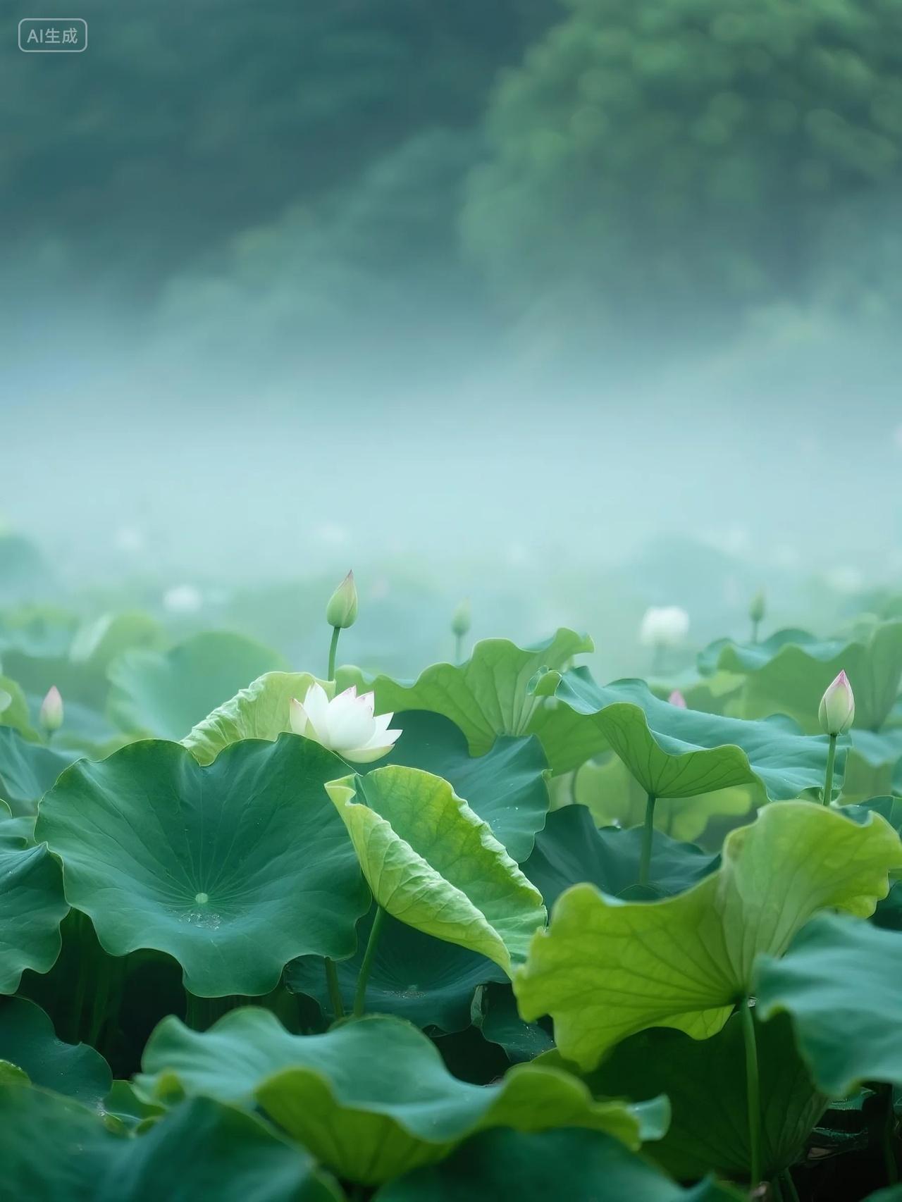 雾气朦胧碧绿荷叶荷花荷塘莲花摄影