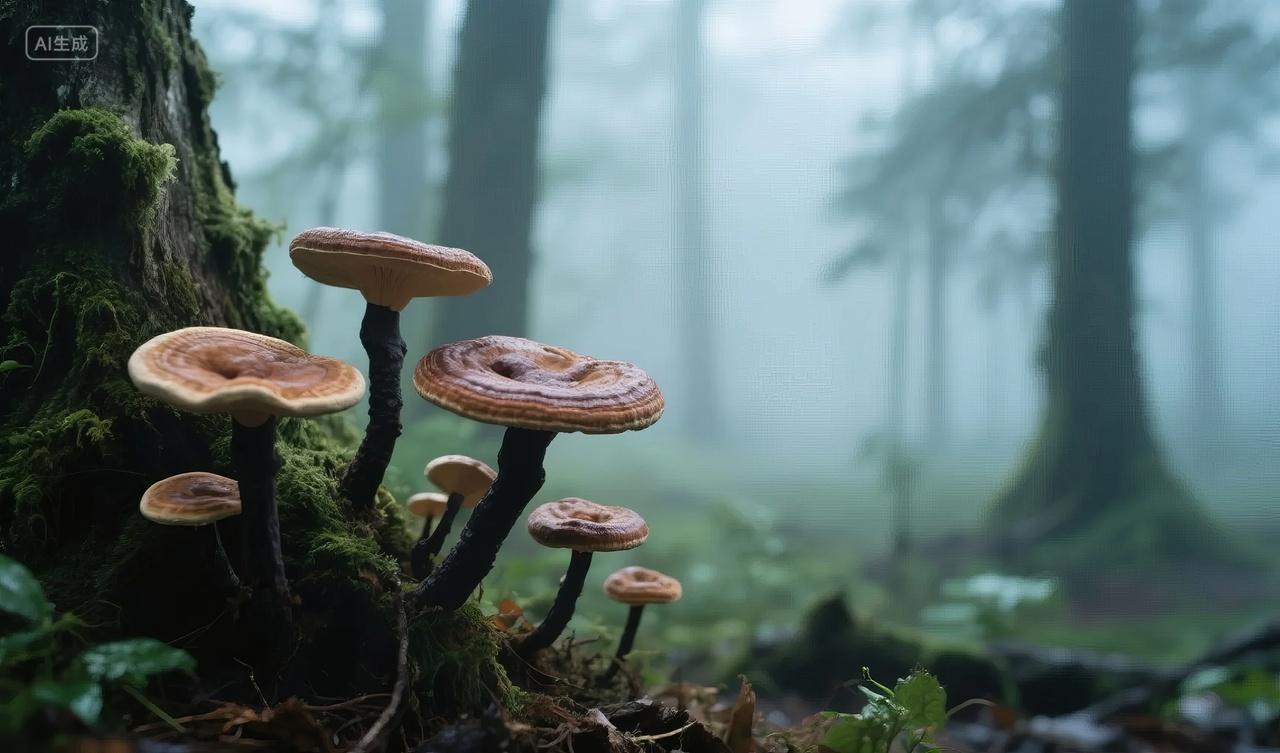 森林野生灵芝生长环境自然药材生态背景图