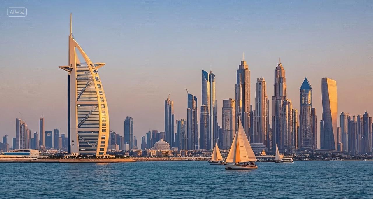 迪拜城市天际线帆船酒店海滨风光旅游背景图