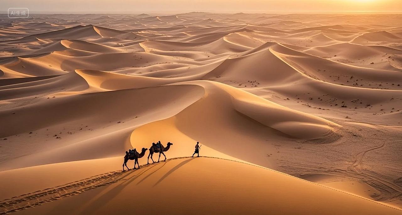 沙漠骆驼商队丝绸之路日落自然风光旅游背景