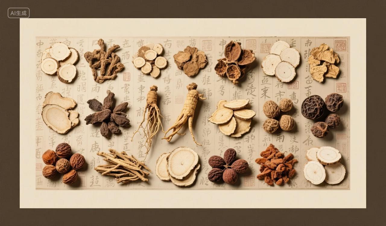 中药材标本框人参灵芝养生文化展示背景