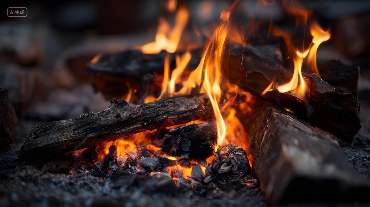 木柴火堆燃烧篝火火焰户外取暖野外生存场景图