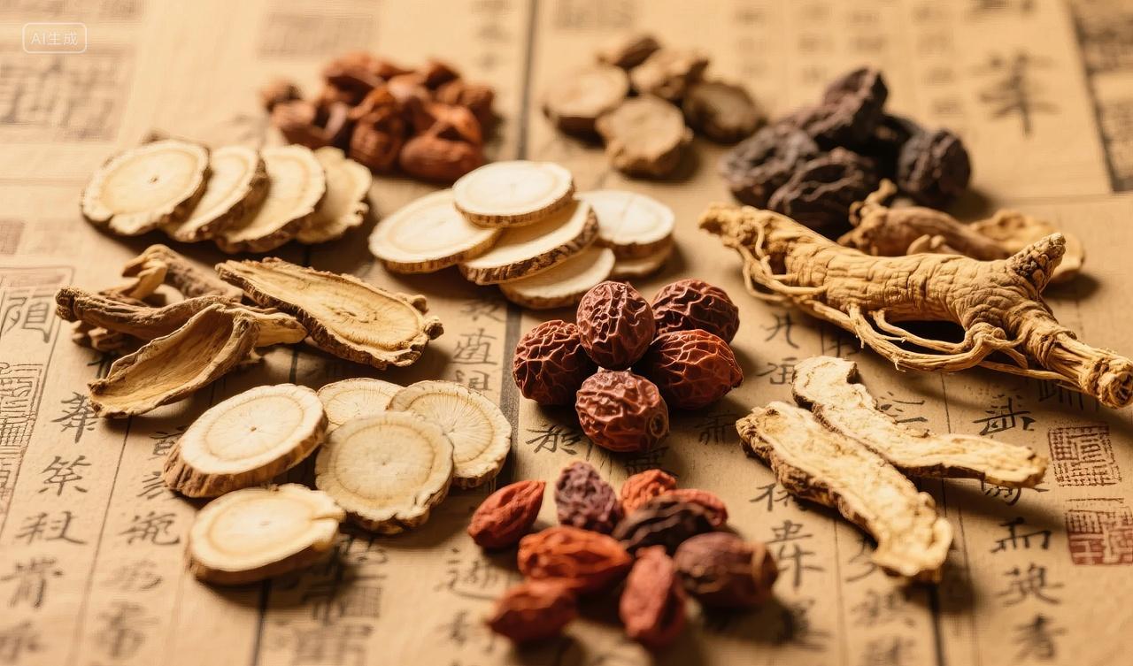 中药材人参当归黄芪滋补养生健康背景图