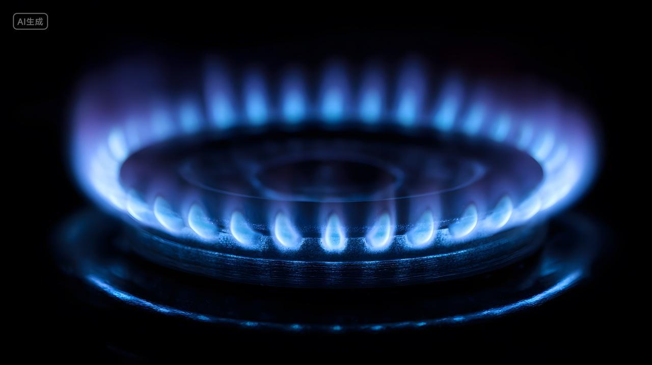 蓝色燃气灶火焰在黑暗中燃烧能源与厨房概念图