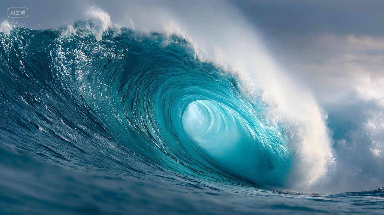 蓝色海浪卷起形成巨大水墙展现自然力量与海洋魅力