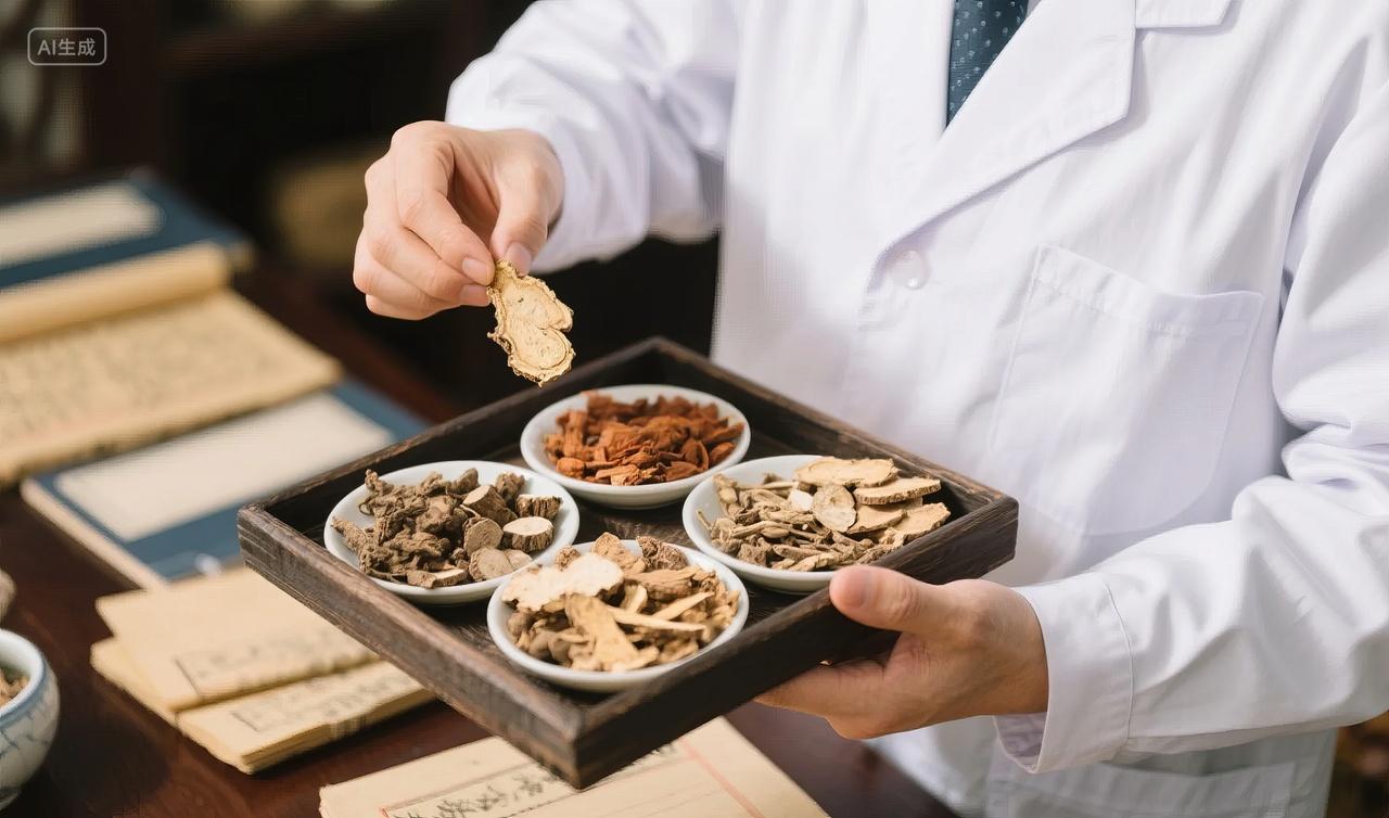 中医师展示中药材调理养生健康医疗背景