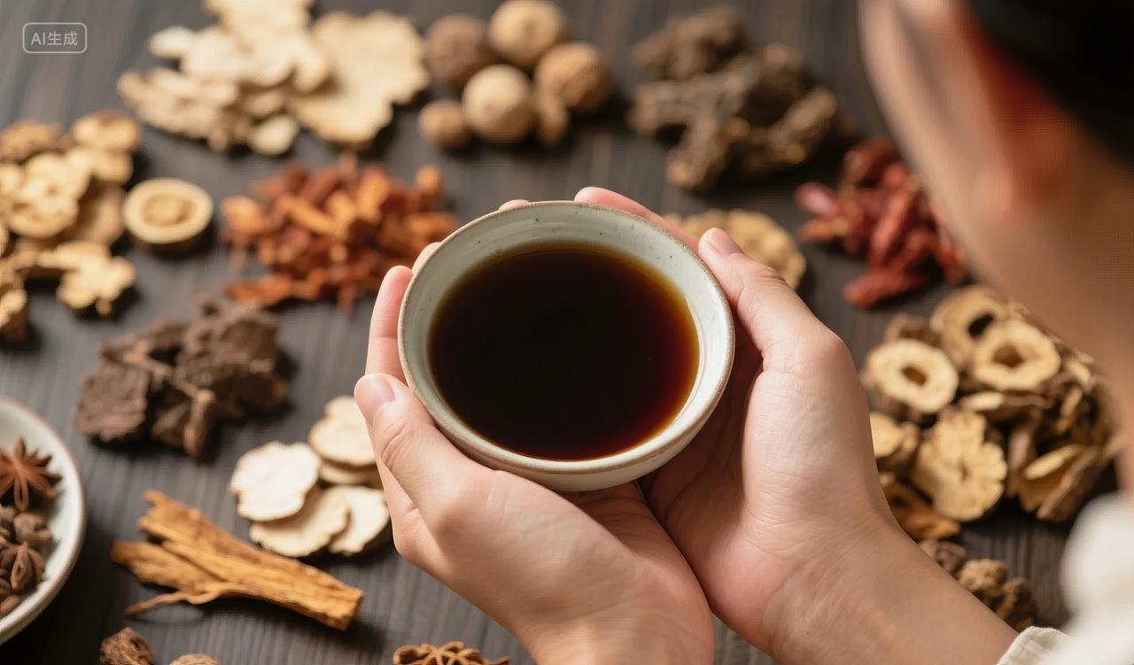 手捧中药汤剂药材调理养生健康生活背景