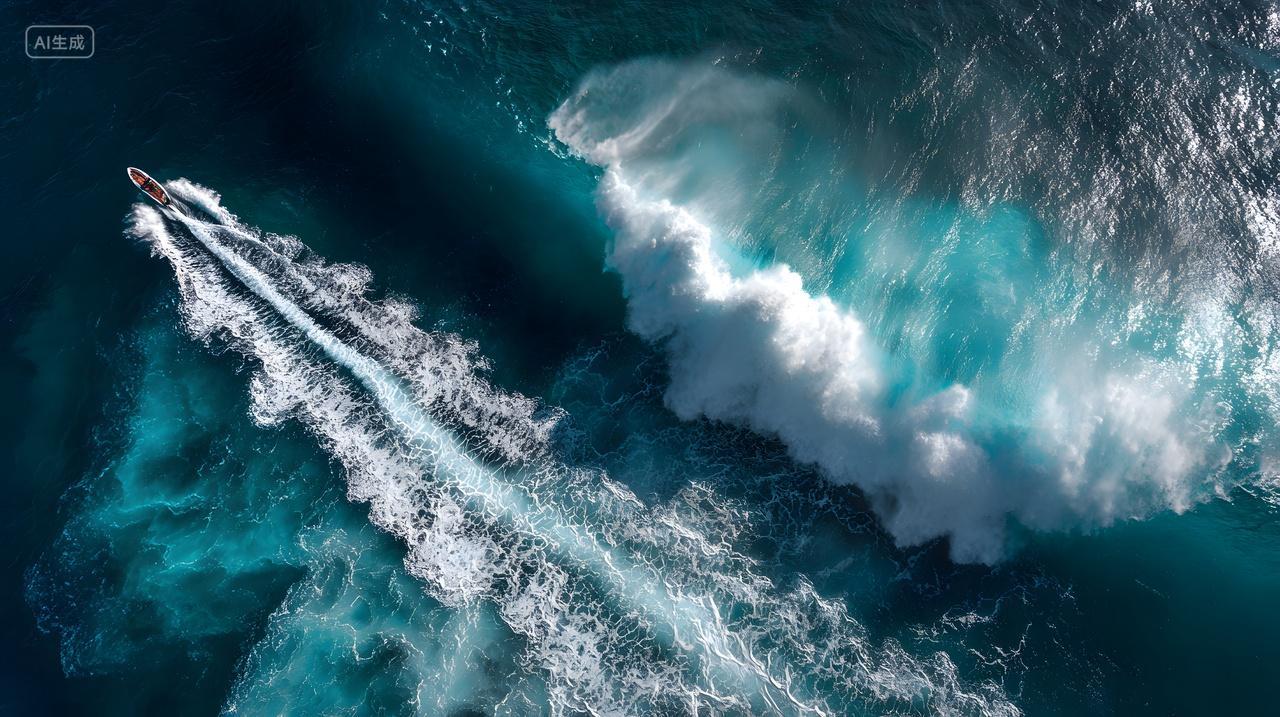 快艇高速划破蔚蓝海面激起浪花展现速度与海洋动感之美