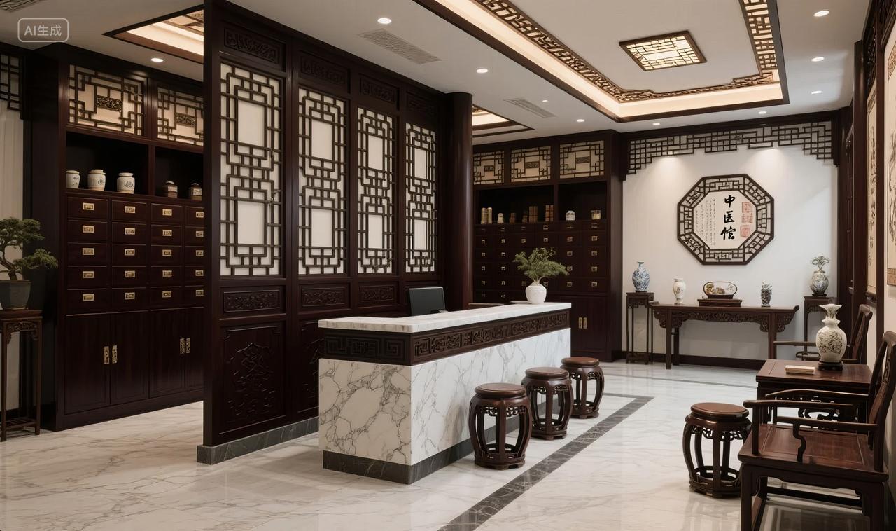 中医馆前台药柜室内设计传统文化养生背景
