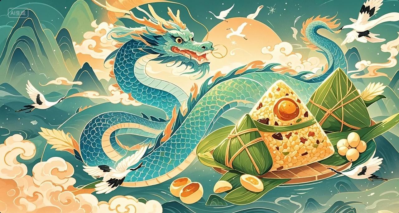 端午节气龙舟粽子插画中国风传统文化海报背景