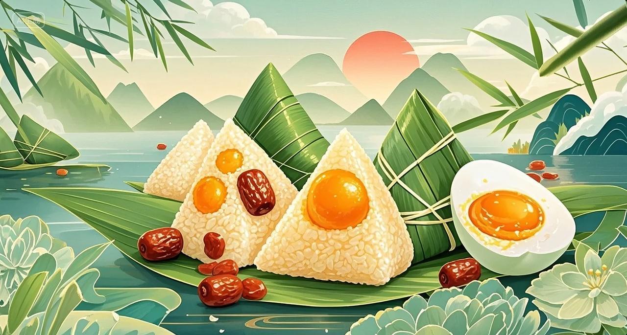 端午节卡通粽子咸蛋黄节日美食插画背景