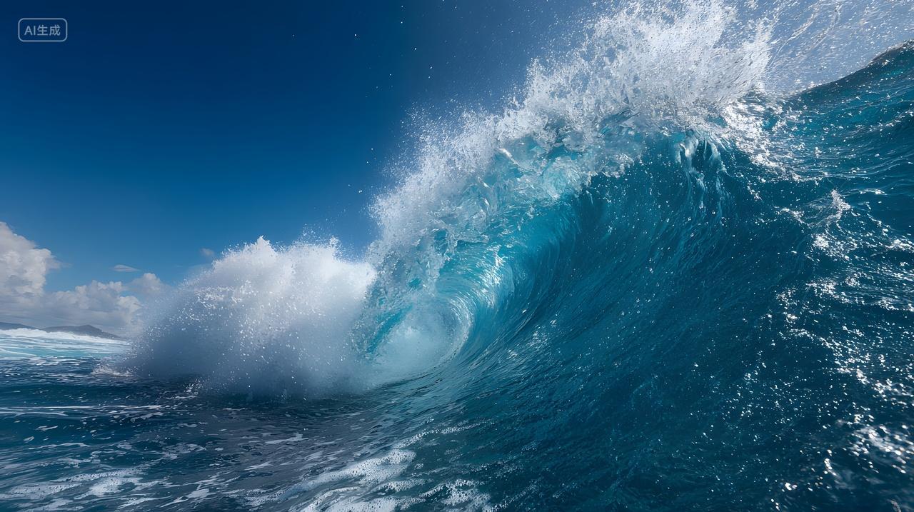 震撼蓝色海浪汹涌翻腾拍岸瞬间展现自然力量视觉壁纸