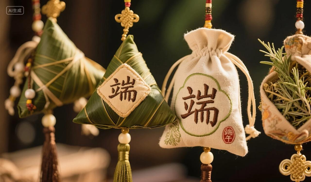 端午节艾草香囊挂饰祈福传统习俗背景图