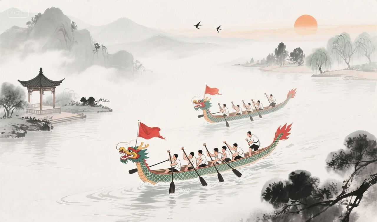 端午节龙舟竞渡水墨画传统节日文化背景